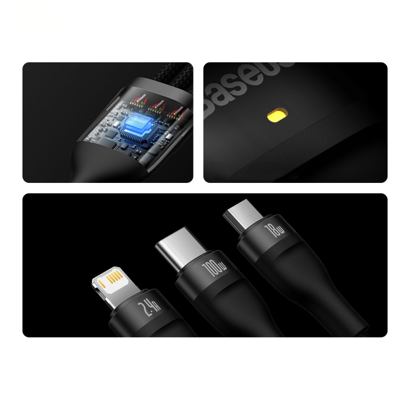 Baseus Flash Cable 3in1 opletený USB kabel délky 120cm s konektory Apple Lightning, USB Type-C a microUSB 100W (CASS030003)