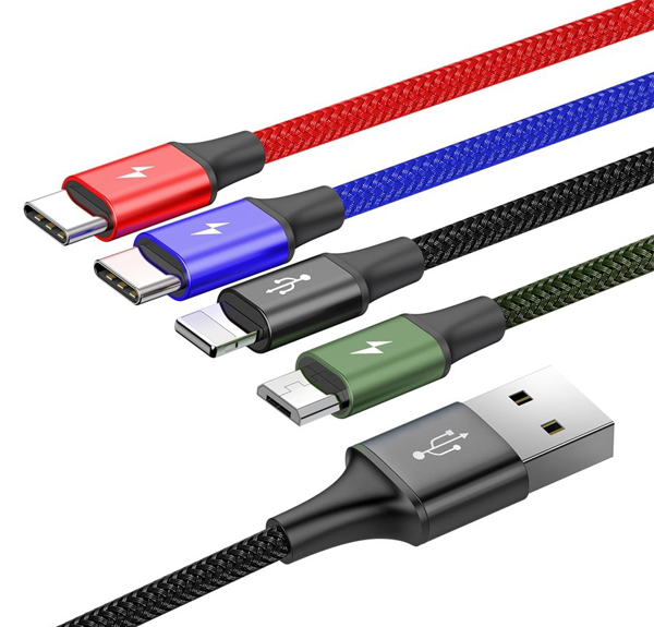 Baseus Rapid 4in1 opletený USB kabel s konektory Apple Lightning, 2x USB Type-C a microUSB (CA1T4-B01)