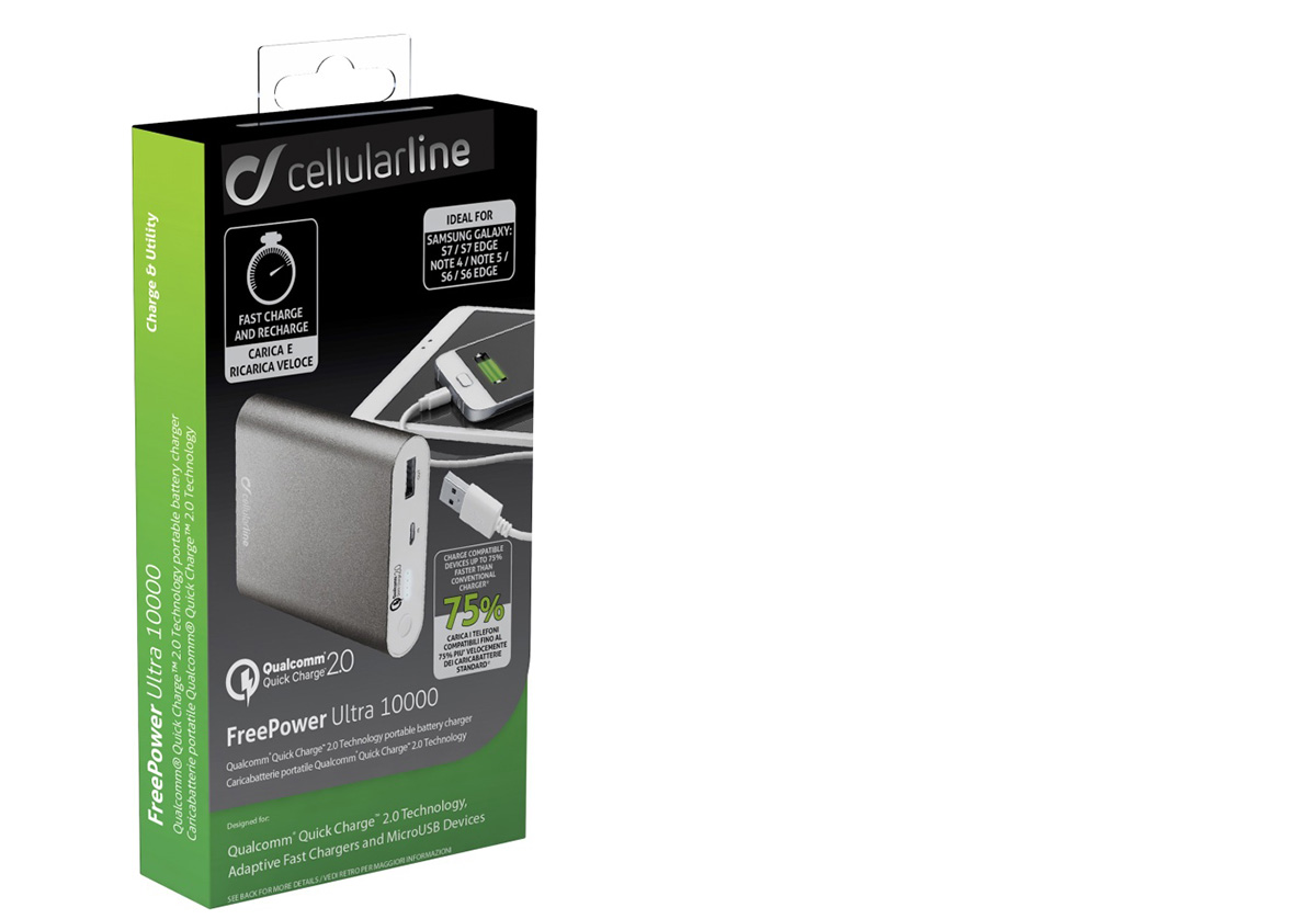 CellularLine FreePower Ultra 10000 záložní zdroj 10000mAh s technologií Qualcomm Quick Charge 2.0