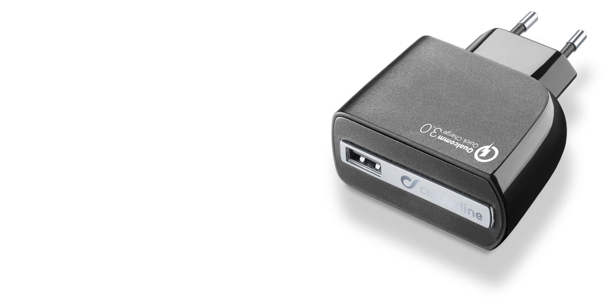 CellularLine USB Charger Ultra 18W (ACHUSBQUALCOMMK) nabíječka do sítě s USB výstupem a technologiíí Qualcomm Quick Charge 3.0 pro mobilní telefon, mobil, smartphone, tablet.