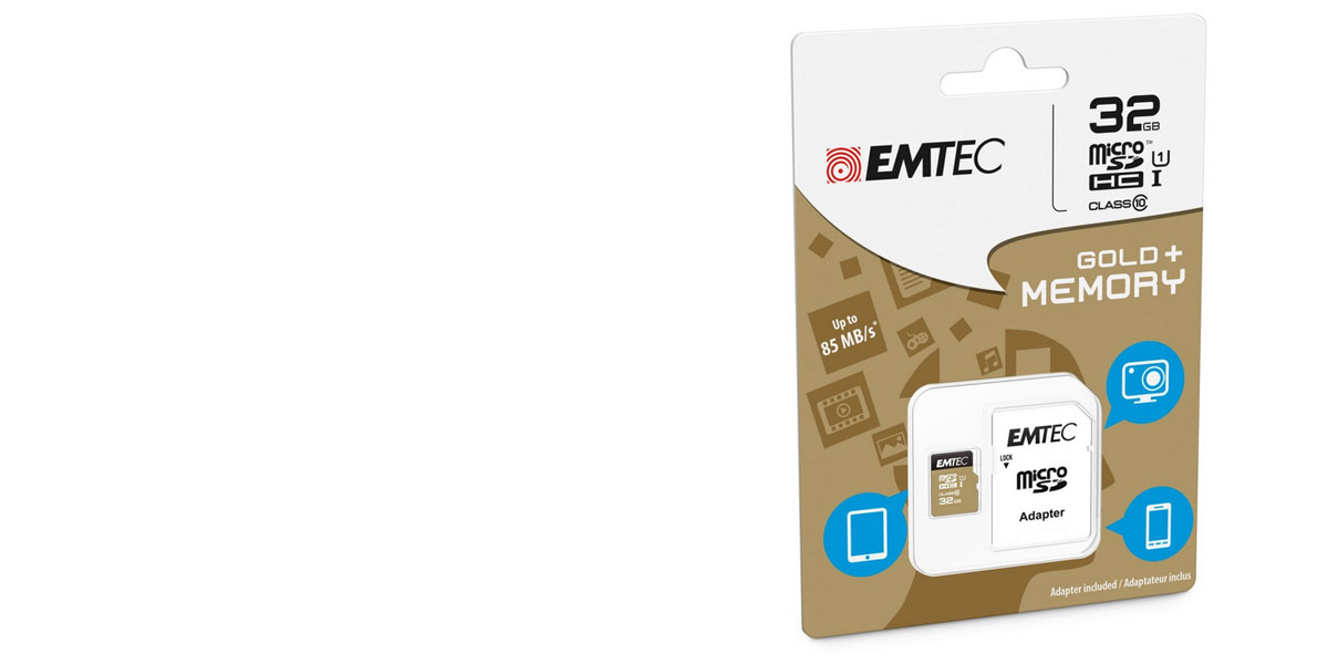 Paměťová karta Emtec microSDHC 32GB Gold Plus Class 10 (U1) a SD adaptér (ECMSDM32GHC10GP).
