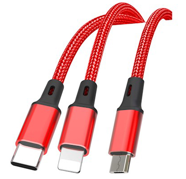 XO NB173 3in1 opletený USB kabel délky 120cm s konektory Apple Lightning, USB Type-C a microUSB