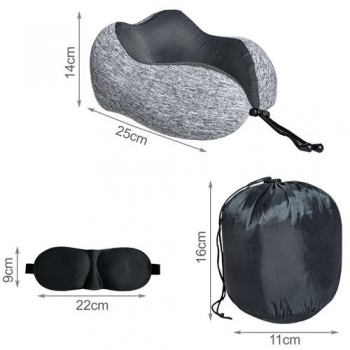 1Mcz 3D Cestovní polštář za krk z paměťové pěny s maskou na oči, špunty do uší a přepravním pouzdrem šedá (grey)