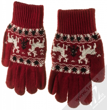 1Mcz Gloves Nordic Sobi pletené rukavice s motivem pro kapacitní dotykový displej tmavě červená bílá (dark red white) dlaň rukou