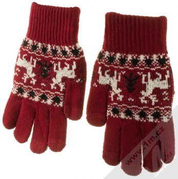 1Mcz Gloves Nordic Sobi pletené rukavice s motivem pro kapacitní dotykový displej tmavě červená bílá (dark red white) hřbet rukou