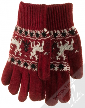 1Mcz Gloves Nordic Sobi pletené rukavice s motivem pro kapacitní dotykový displej tmavě červená bílá (dark red white)