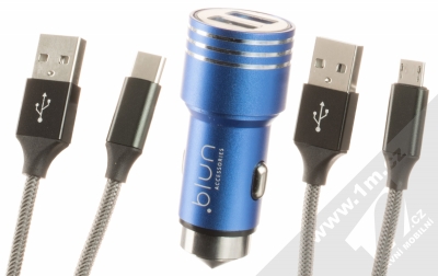 Blun Aluminum Bullet USB Car Charger nabíječka do auta s 2xUSB výstupem a 2xUSB kabely s konektory microUSB a USB Type-C modrá černá (blue black)