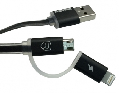 Remax Aurora plochý USB kabel s Apple Lightning konektorem a microUSB konektorem pro mobilní telefon, mobil, smartphone, tablet černá (black) konektory