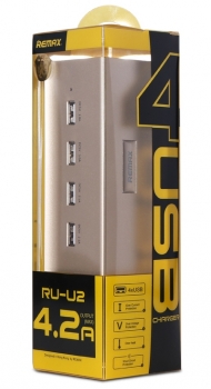 Remax RU-U2 USB HUB nabíječka do sítě s 4x USB výstupem a 4,2A proudem pro mobilní telefon, mobil, smartphone, tablet zlatá (gold)