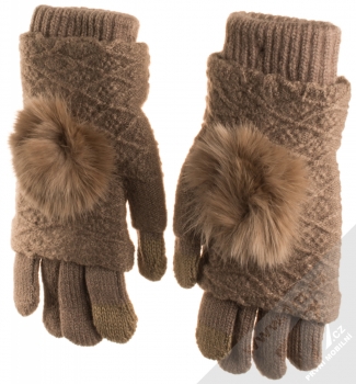 URan Multiway 2in1 Women Touch Gloves dámské pletené rukavice s bambulkou pro kapacitní dotykový displej světle hnědá (light brown) hřbety rukou
