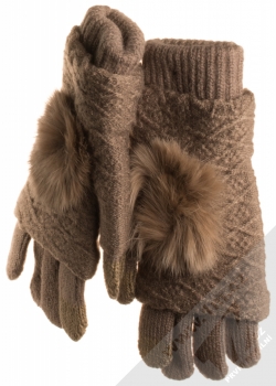 URan Multiway 2in1 Women Touch Gloves dámské pletené rukavice s bambulkou pro kapacitní dotykový displej světle hnědá (light brown)
