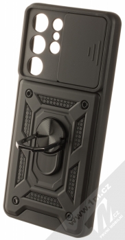 1Mcz Armor CamShield odolný ochranný kryt s držákem na prst pro Samsung Galaxy S21 Ultra černá (black) otevřené a držák