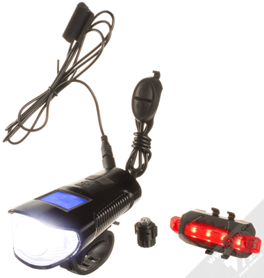 1Mcz DP-185 přední LED světlo s cyklopočítačem a zadní LED světlo na kolo a koloběžku černá (black)