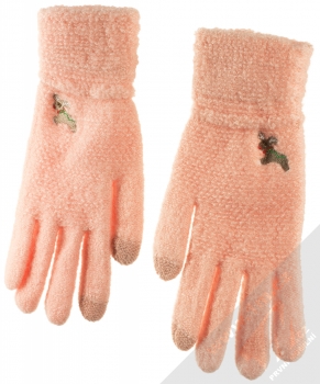 1Mcz Gloves Sobík Rudolf pletené rukavice s motivem pro kapacitní dotykový displej meruňkově růžová (apricot pink) hřbet rukou