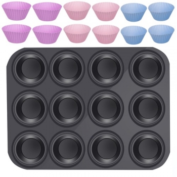 1Mcz Teflonový plech na muffiny a 12ks silikonových košíčků černá (black)