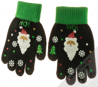 1Mcz Touch Gloves Santa Claus dětské pletené rukavice pro kapacitní dotykový displej černá zelená (black green) hřbet rukou