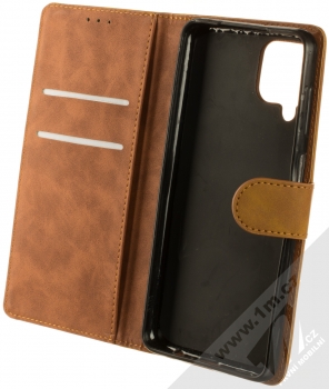 1Mcz Velvety Marten Book flipové pouzdro pro Samsung Galaxy A12, Galaxy M12 okrově hnědá (ochre brown) otevřené