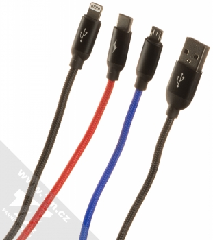 Baseus Car Charger Suit 3in1 nabíječka do auta s 2x USB výstupy a USB kabel s konektory Apple Lightning, USB Type-C, microUSB (TZCCBX-0G) šedá černá modrá červená (grey black blue red) USB kabel konektory