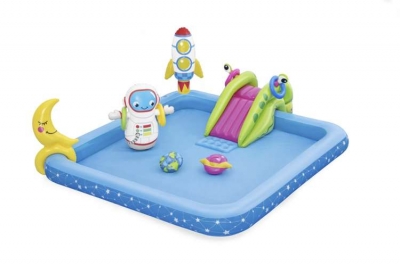 Bestway 53126 Galaxie Hrací centrum Astronaut, dětský nafukovací bazének se skluzavkou a hračkami 228 x 206 x 84 cm modrá (blue)