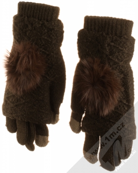 URan Multiway 2in1 Women Touch Gloves dámské pletené rukavice s bambulkou pro kapacitní dotykový displej tmavě hnědá (dark brown) hřbety rukou