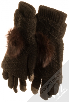 URan Multiway 2in1 Women Touch Gloves dámské pletené rukavice s bambulkou pro kapacitní dotykový displej tmavě hnědá (dark brown)