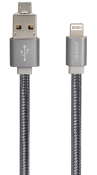 USAMS U-Mutual plochý textilně USB kabel s Apple Lightning konektorem a microUSB konektorem OTG pro mobilní telefon, mobil, smartphone, tablet šedá (gray)