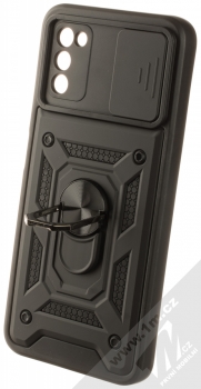 1Mcz Armor CamShield odolný ochranný kryt s držákem na prst pro Samsung Galaxy A03s černá (black) otevřené a držák