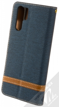 1Mcz Canvas Line Book flipové pouzdro pro Huawei P30 Pro tmavě modrá hnědá (dark blue camel) zezadu