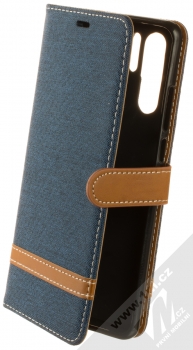 1Mcz Canvas Line Book flipové pouzdro pro Huawei P30 Pro tmavě modrá hnědá (dark blue camel)