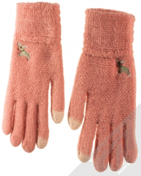 1Mcz Gloves Sobík Rudolf pletené rukavice s motivem pro kapacitní dotykový displej lososově růžová (salmon pink) hřbet rukou