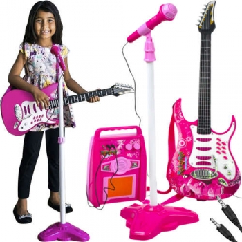 1Mcz Rocková elektrická kytara, zesilovač a mikrofon růžová (pink)