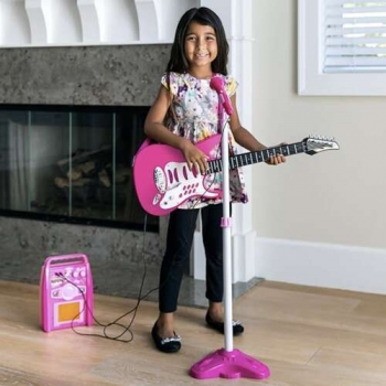 1Mcz Rocková elektrická kytara, zesilovač a mikrofon růžová (pink)