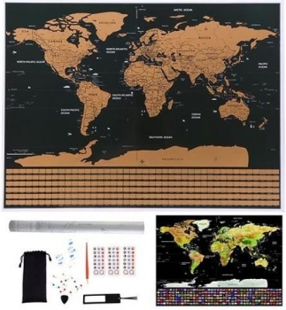 1Mcz Stírací mapa světa s vlajkami 82 x 59 cm a Sada příslušenství černá (black)