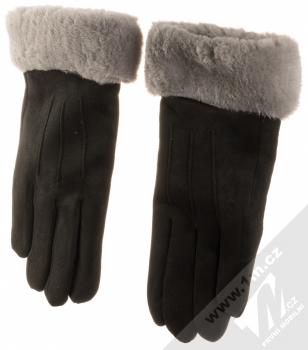 1Mcz Suede Gloves semišové rukavice s kožešinkou pro kapacitní dotykový displej černá šedá (black grey) samostatně