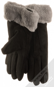 1Mcz Suede Gloves semišové rukavice s kožešinkou pro kapacitní dotykový displej černá šedá (black grey) zezadu