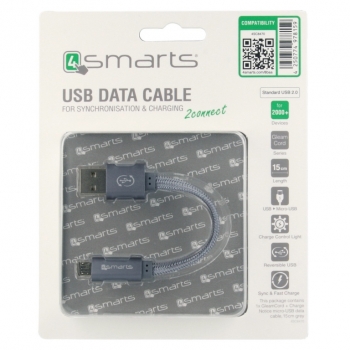 4smarts GleamCord Mini plochý USB kabel 15cm s microUSB konektorem a LED indikací stavu nabíjení pro mobilní telefon, mobil, smartphone, tablet šedá (grey) - balení