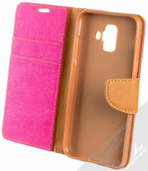 Forcell Canvas Book flipové pouzdro pro Samsung Galaxy A6 (2018) sytě růžová hnědá (hot pink camel) otevřené