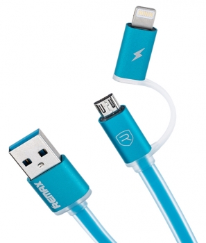 Remax Aurora plochý USB kabel s Apple Lightning konektorem a microUSB konektorem pro mobilní telefon, mobil, smartphone, tablet modrá (blue) detail