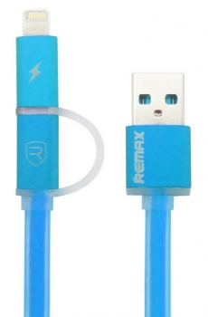 Remax Aurora plochý USB kabel s Apple Lightning konektorem a microUSB konektorem pro mobilní telefon, mobil, smartphone, tablet modrá (blue) konektory