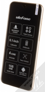 Ulefone Note 7 zlatá (gold) šikmo zepředu