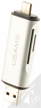 USAMS Card Reader 3in1 čtečka paměťových karet SD, microSD s konektory USB, microUSB a USB Type-C pro mobilní telefon, mobil, smartphone, tablet stříbrná (silver) konektory zepředu