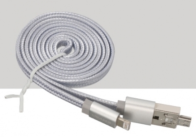 USAMS U-Mutual plochý textilně USB kabel s Apple Lightning konektorem a microUSB konektorem OTG pro mobilní telefon, mobil, smartphone, tablet stříbrná (silver) komplet