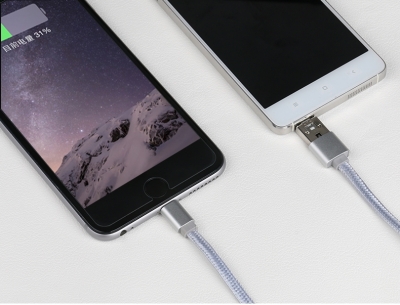 USAMS U-Mutual plochý textilně USB kabel s Apple Lightning konektorem a microUSB konektorem OTG pro mobilní telefon, mobil, smartphone, tablet stříbrná (silver) použití