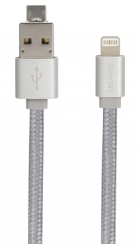 USAMS U-Mutual plochý textilně USB kabel s Apple Lightning konektorem a microUSB konektorem OTG pro mobilní telefon, mobil, smartphone, tablet stříbrná (silver)