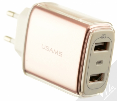 USAMS U2 Plus nabíječka do sítě s 2x USB výstupem a proudem 3.4A pro mobilní telefon, mobil, smartphone růžově zlatá (rose gold) konektory