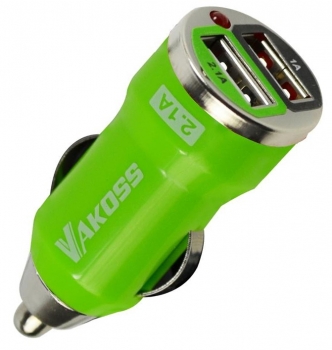 Vakoss nabíječka do auta s 2x USB výstupem, proudem 2,1A a 1A pro mobilní telefon, mobil, smartphone, tablet zelená (green)