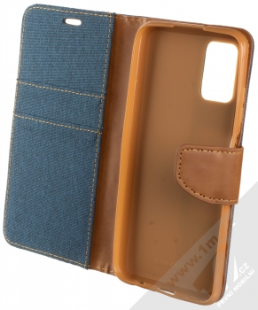 1Mcz Canvas Book flipové pouzdro pro Samsung Galaxy A03s tmavě modrá hnědá (dark blue camel) otevřené