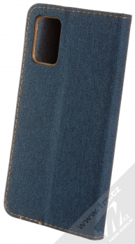 1Mcz Canvas Book flipové pouzdro pro Samsung Galaxy A03s tmavě modrá hnědá (dark blue camel) zezadu