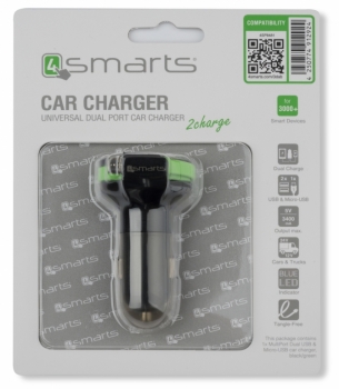 4smarts MultiPort nabíječka do auta s microUSB konektorem a duálním USB výstupem 3,4A pro mobilní telefon, mobil, smartphone, tablet černo zelená (black green)