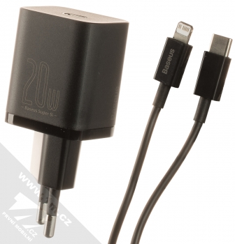 Baseus Super Si Quick Charger nabíječka do sítě s USB Type-C výstupem 20W a USB Type-C kabel s Apple Lightning konektorem (TZCCSUP-B01) černá (black)